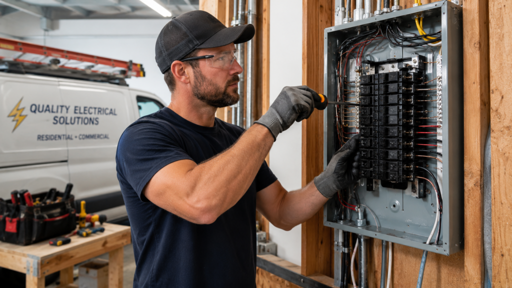 Business bookkeeping for electricians working on an electrical service panel in a residential garage.